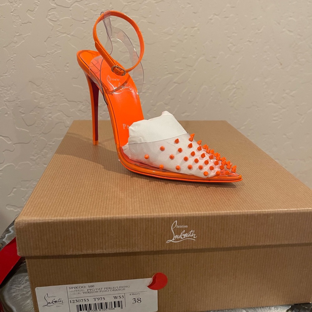 Christian Louboutin Vibrant Orange Spiked Heels Spikoo 100 PVC and leather pumps